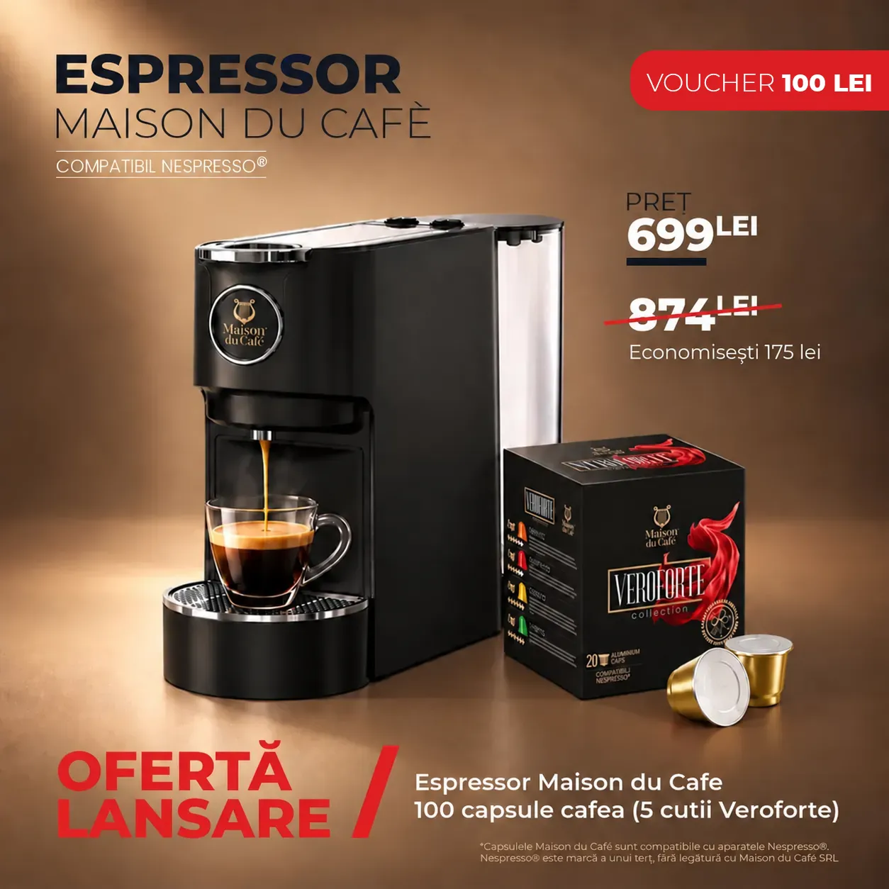 Oferta lansare espressor capsule Maison du Cafe cu voucher 100 lei